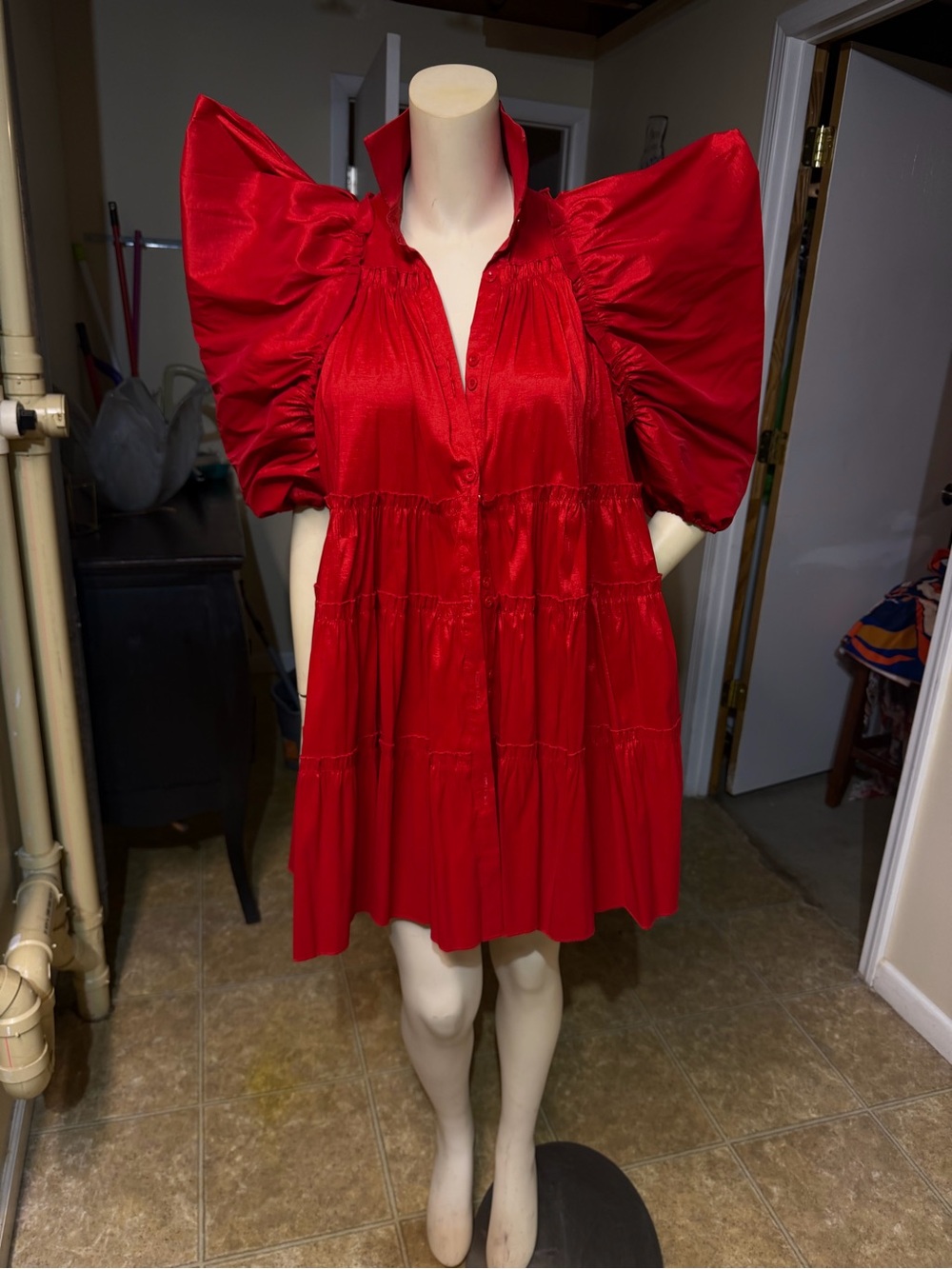 AKIRA Red Puff-Sleeve Tiered Mini Dress